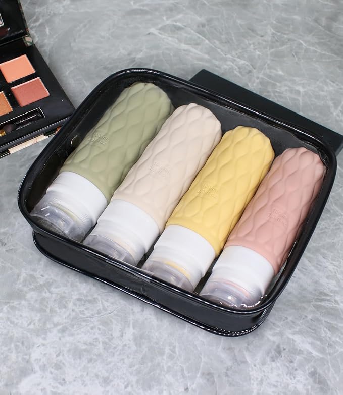 100 ml Silicone Travel Bottles for Toiletries with Labels/Clear Bag, Holiday Travel Essentials Leakproof Refillable Squeeze Travel Size Containers Set for Shampoo and Conditioner