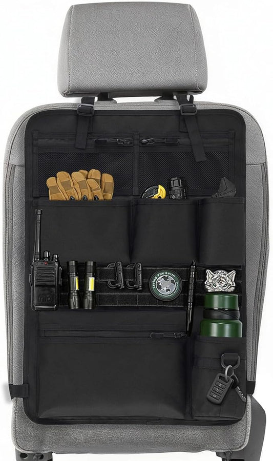 Tactical Car Seat Organizer with Multiple Pockets, MOLLE Panel System & Mesh Compartments, Durable Nylon Universal Vehicle Backseat Storage with Cup Holder, Water-Resistant (Black)