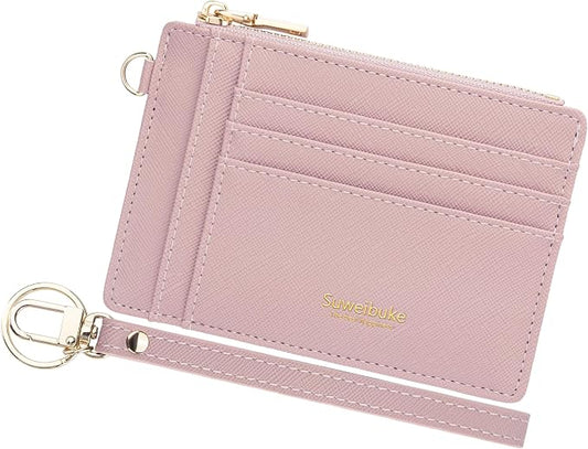 Wikavanli Women Slim Rfid Blocking Credit Card Case Holder Wristlet Zip ID Case Wallet Small Compact Leather Wallet Coin Purse with Keychain (Light Pink)