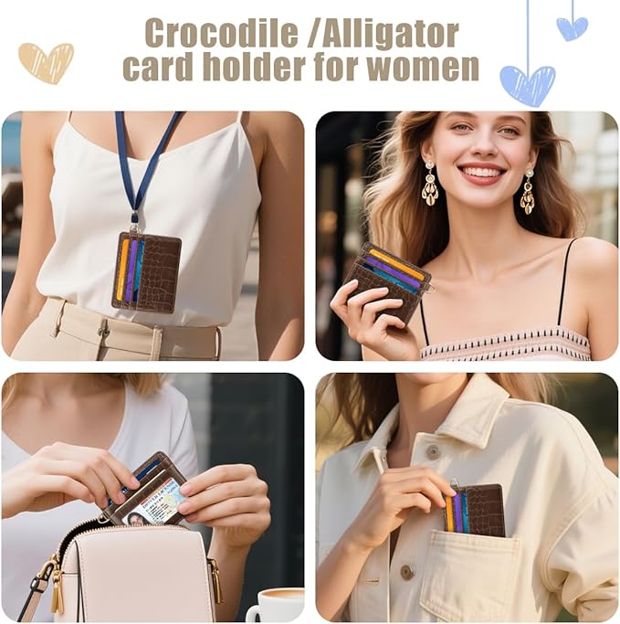 Slim Credit Card Holder Crocodile Wallet Women Thin Alligator Wallets RFID Blocking Minimalist Lightweight Small Cute Cards Holders with ID Window, Coffee