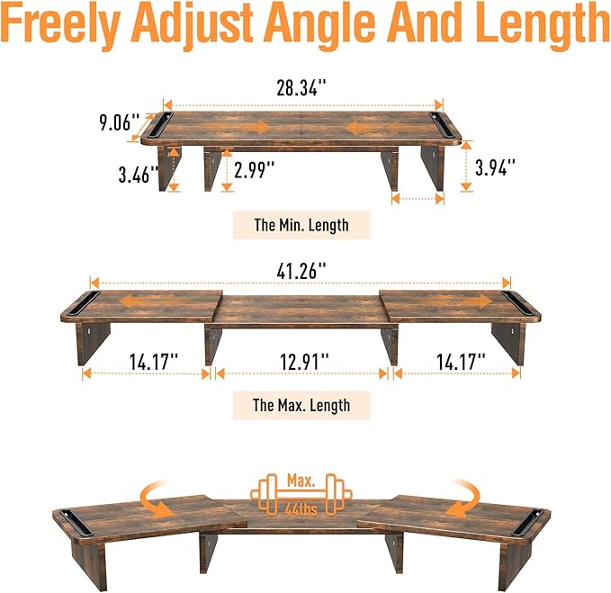 Dual Monitor Stand Riser, Laptop Computer Riser Adjustable Length and Angle, Desktop Wooden Stand 2 Tiers with Storage Organizer for Home Office(Brown)
