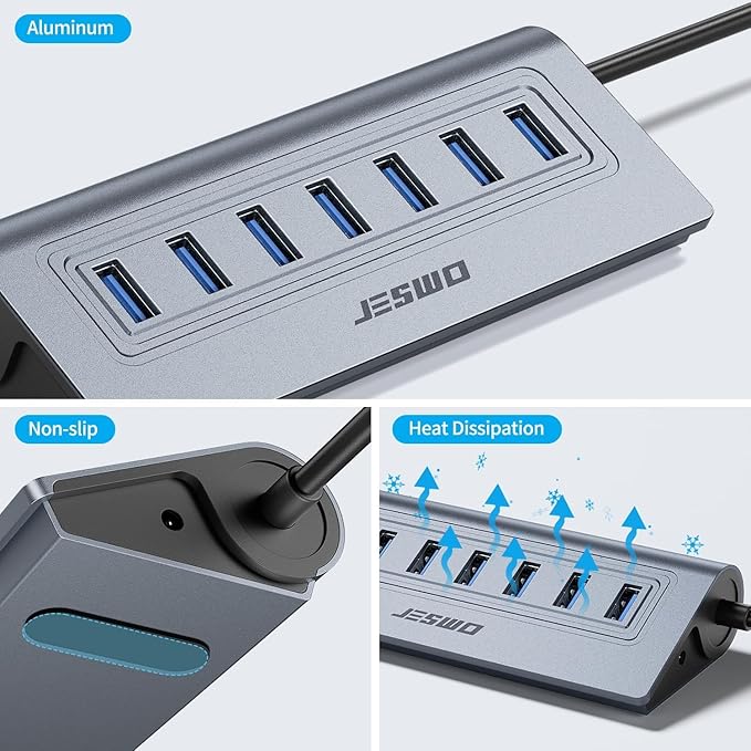 USB Hub 3.0, JESWO Aluminum 7 Port USB 3.0 Hub with 3.3Ft Cable, USB Splitter with 7-USB3.0 Data Ports Compatible with MacBook, Laptop,Surface Pro, PS5, PC and More (No Power Adapter Included)