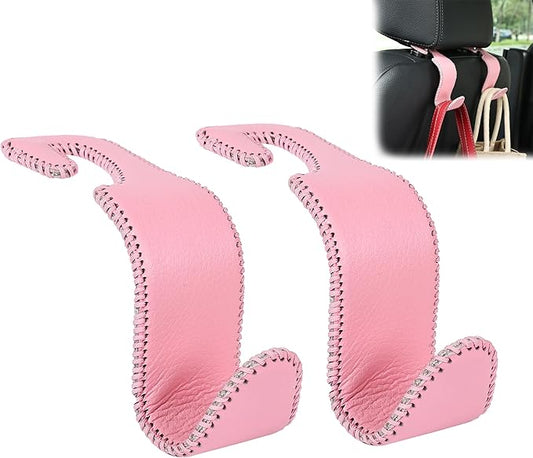 Amooca Car Seat Headrest Hook Universal Vehicle Storage Hanger Leather with Metal Car Seat Back Organizer for Handbag Purse Coat Pink 2 Pack