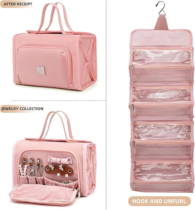 ROYALFAIR Roll Up Makeup Bag, Waterproof Toiletry Bag for Women, Hanging Travel Organizer bags with Jewelry Organizer Compartment, Extra Large 4 Clear TSA Approved Pouches Cosmetic Makeup (light red)