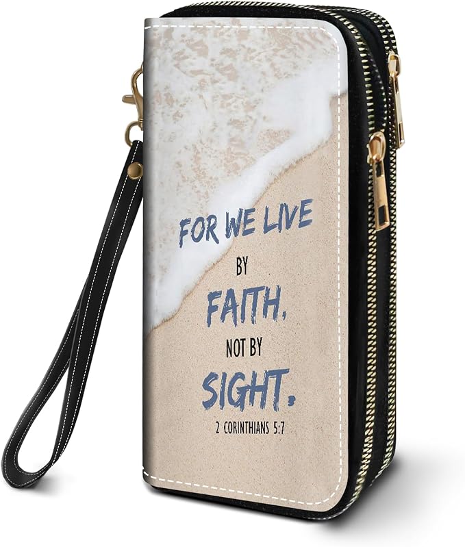 Women's Large Capacity Wallet PU Leather Double Zipper Clutch Purse Multifunctional Wallet with Removable Wristlet Strap for Smart Phone/Coin/Card/Cash, Beach Waves Quote 2 Corinthians 5:7