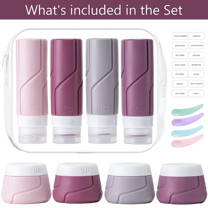 Travel Bottles for Toiletries 15 Pack, TSA Approved Travel Size Containers 3oz, LeakProof Silicone Squeezable Creams Jars, Refillable Toiletry Bottles for Shampoo, Conditioner (Cranberry)