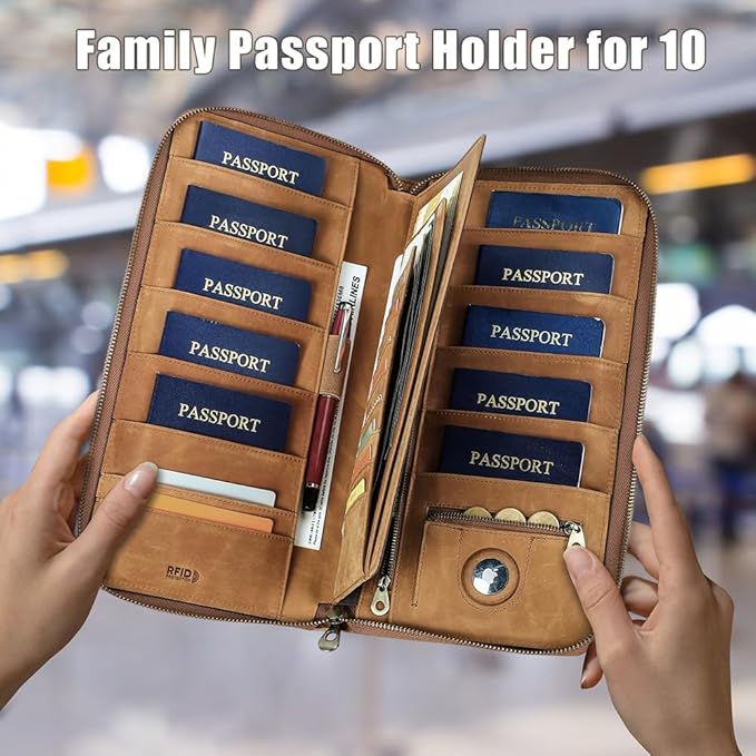 CONTACTS Family Passport Holder for 10 Full Grain Leather Passport Holder Compatible with Airtag Family Travel Document Organizer Multiple Passport Wallet with Rfid Blocking (Brown)