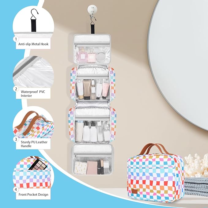 Bosidu Hanging Travel Toiletry Bag,Large Capacity Cosmetic Travel Toiletry Organizer for Women with 4 Compartments & 1 Sturdy Hook,Perfect for Travel/Daily Use/Christmas