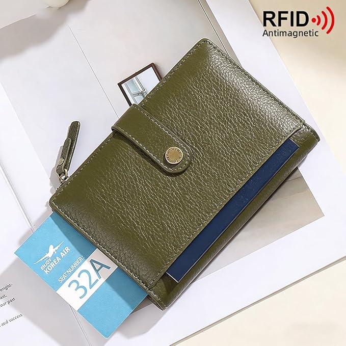 Slim RFID Blocking Passport Holder Wallet,PU Leather Travel Card Organizer,Lightweight Passport Case for Women Men (Green)