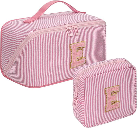 2026 Graduation Gifts - Travel Makeup Bag for Women, 2Pcs Portable Personalized Initial Makeup Organizer Bag, Open Flat Large Cosmetic Bag With Travel Essential Pouch (Pink Letter E)