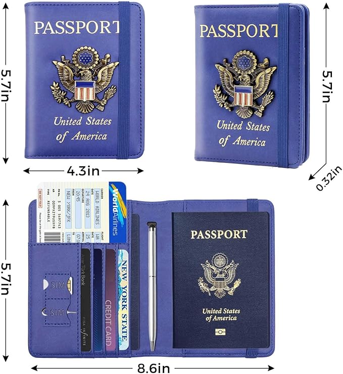 Cnycmy Passport Holder for Travel, Pu Leather Travel Wallet, RFID Blocking, Metal United States Coat of Arms, Waterproof cover for Family (Blue)