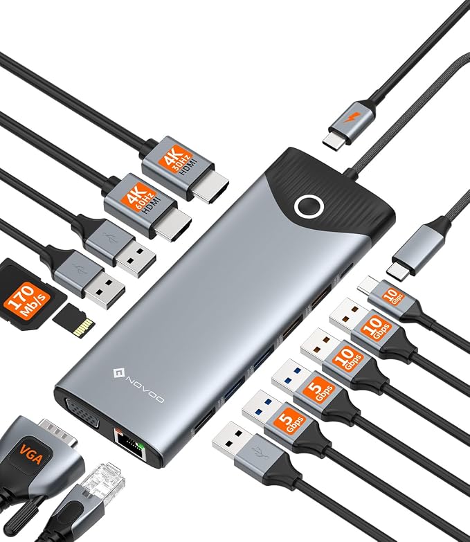 NOVOO 10Gbps USB-C Docking Station, 15-in-1 Dual/Triple 4K 60Hz HDMI & VGA, 100W PD Charging, 7USB-A+1USB-C, Gigabit Ethernet, SD/TF, Audio, Multiport Dock for MacBook HP Dell Lenovo Surface