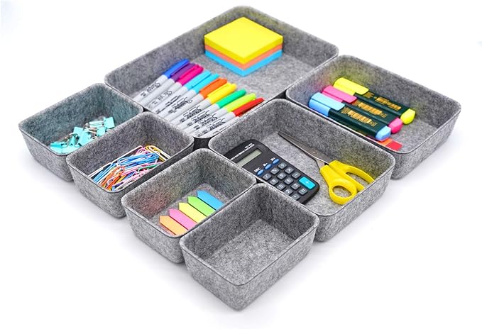 Welaxy Office drawer organizers trays felt storage bin organize dividers Box Dorm Home for stationery craft junk sorting 7-piece sleek minimalist lifestyle (gray)