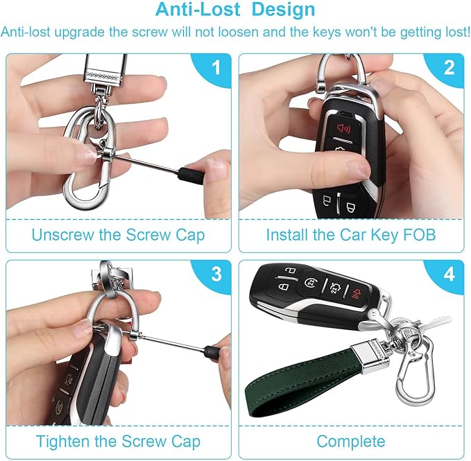 QBUC Genuine Leather Car Keychain,Universal Heavy Duty Metal Key Chain Accessories,Car Fob Key Keychain Holder with 360 Degree Rotatable Snap Swivel and Anti-Lost D-Ring for Men Women(Dark Green)