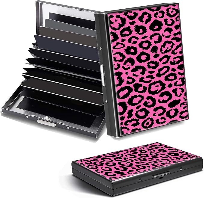 Credit Card Holder Pink Leopard Print Design Mini RFID Blocking Aluminum Wallet Slim Metal Hard Cover Shell Travel Wallet ID Cases Small Credit Cards Case Business Cards for Women Men Girls
