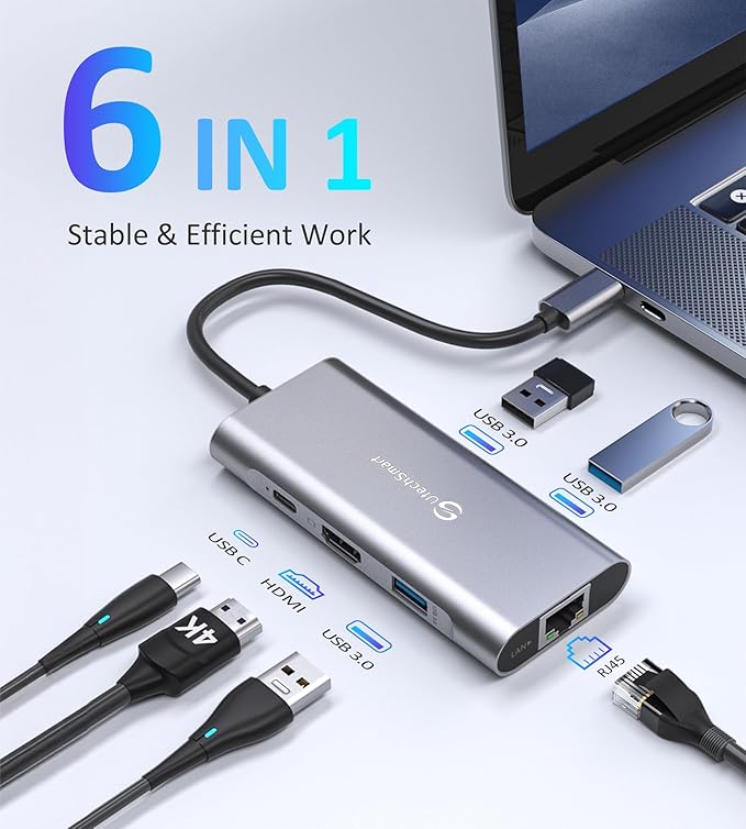 UtechSmart USB C Hub, USB C Ethernet Multiport Adapter, 6 In 1 USB C to HDMI Dock Compatible for Macbook Pro/Air, Chromebook, Dell XPS, HP and Type C Devices (Gigabit Ethernet 100W PD 4K HDMI USB 3.0)