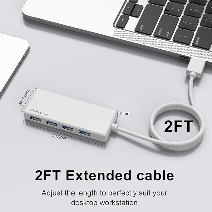 USB Hub, Multiport USB Splitter Adapter, 2 ft Long Cable USB 3.0 Hub, USB Extender for Laptop, PC, iMac, Surface Pro, MacBook, Mac Pro, Flash Drive, XPS, Mouse, HDD【White】, HJ-White-0.5M-001