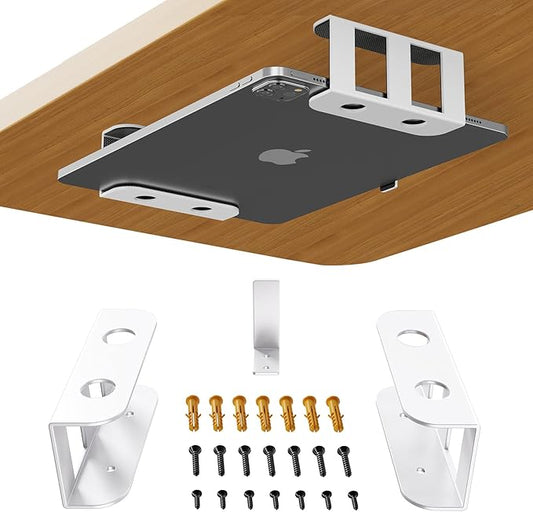 BYMECOST Under Desk Laptop Storage Mount, Metal Under Desk Device Holder, for Devices Up to 2.1" Thick, MacBook, Mini, Keyboard, Router, with Anti-Scratch Silicone (White)