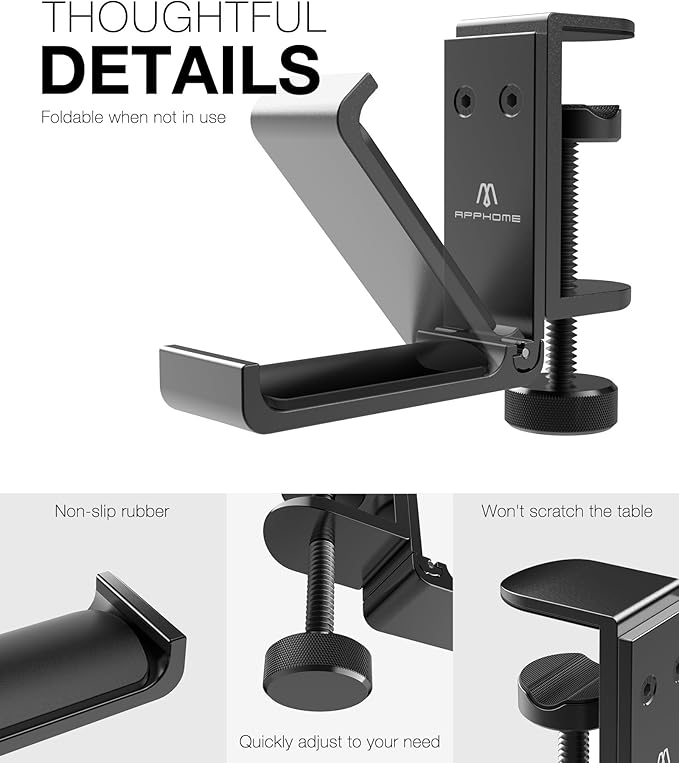 New Foldable Headphone Stand Hanger Holder Aluminum Headset Soundbar Stand Clamp Hook Under Desk Space Save Mount, Universal Fit Gaming Headphones, Black