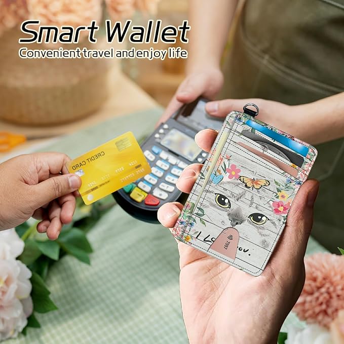 Small Travel Wallets, Cat Flowers Slim Minimalist Front Pocket Wallet with Wristlet, RFID Blocking PU Leather Credit Card Holder with ID Window Change Purse for Men Women