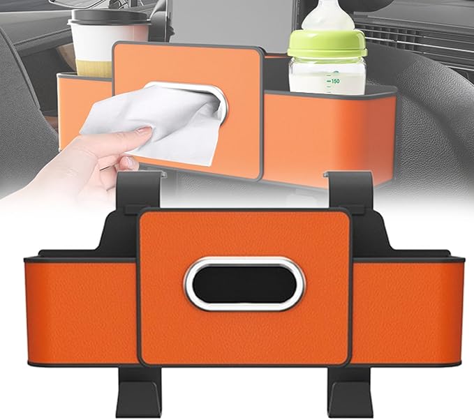 Car Organizer and Storage Box Back Seat, Car Organizer and Storage Box, 3-in-1 Car Seat Back Storage Box, with 2 Cup Holders, Tissue Box and Hooks, Smart Over-Seat CarOrganizer (1, Orange)