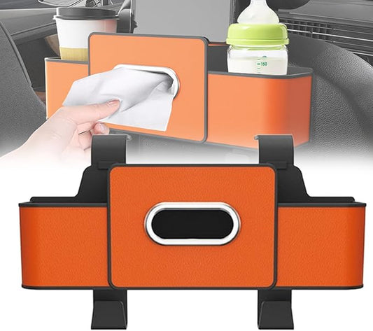 Car Organizer and Storage Box Back Seat, Car Organizer and Storage Box, 3-in-1 Car Seat Back Storage Box, with 2 Cup Holders, Tissue Box and Hooks, Smart Over-Seat CarOrganizer (1, Orange)