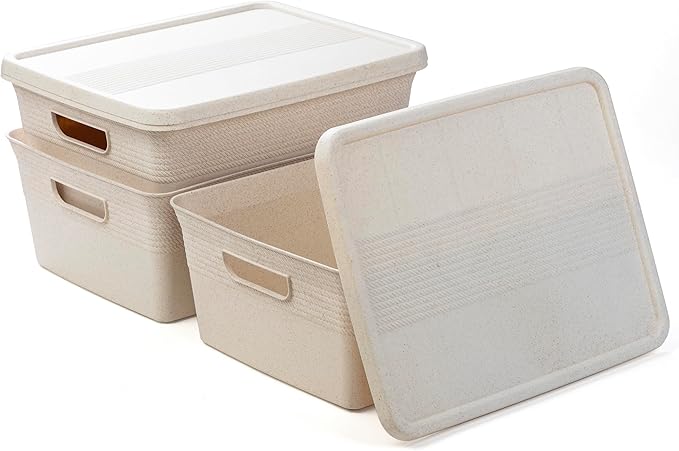 BINO | Plastic Storage Bins with Lids, 13 Liter - 3 Pack, Natural | THE BRAIDED COLLECTION | Plastic Bins for Organization Woven Storage Baskets for Organizing Pantry Shelf Organizer Basket Bin
