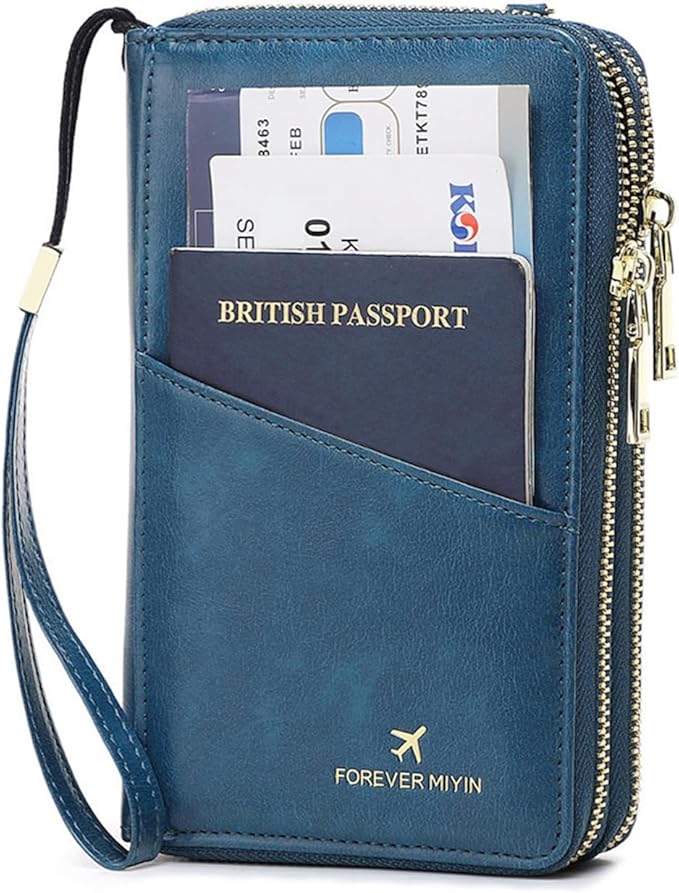 GOIACII Passport Wallet Travel Crossbody Bags for Women Wristlet Phone Purse Double Zip Vegan Leather Blue