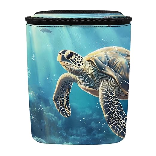 Biyejit Sea Turtle Print Hanging Car Trash Bag Can with Lid, Collapsible Car Garbage Bag with Pockets, Garbage Can for Central Control Leak-Proof Trash Storage Organizer Box