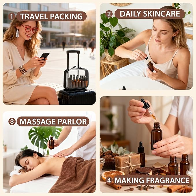 29 Pack TSA Approved Glass Travel Skincare Containers,Toiletry Bag，1.7/1/0.7/0.5/0.3oz Refillable Traveling Size Containers with Pump, Jars & Essential Oil Bottle , Leak-Proof for Creams & Liquids