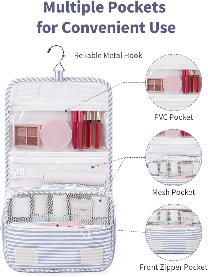 Narwey Small Hanging Toiletry Bag for Travel Women Girl, Striped Toiletries Travel Bag with Hook, Hanging Makeup Bag Organizer Make Up Cosmetic Bags, Gifts for Kids Teen (Greyish Blue Stripe)
