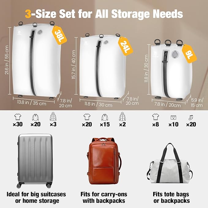 3 Pack Vacuum Bags for Travel with Pump, 3-Size Set Reusable Vacuum Compression Bags for Luggage, Space Saver IP67 Waterproof Vacuum Packing Cubes for Suitcase&Backpack, White