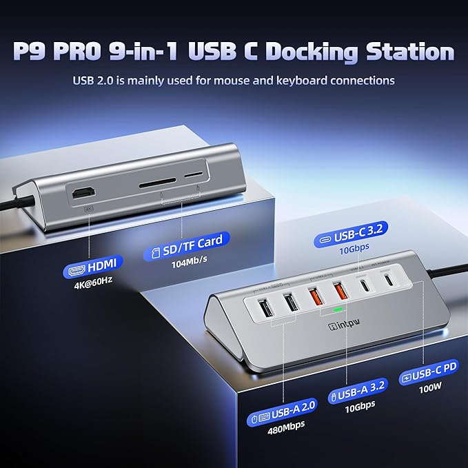 P9 PRO USB C Hub 10Gbps, 9-in-1 USB C Docking Station with 4K@60Hz HDMI, Type-C & 2 Type-A 3.2, 2 USB-A 2.0, PD 100W, SD/TF Port,Aluminum USB Hub for Laptop, iPhone 17 Series, MacBook Air/Pro