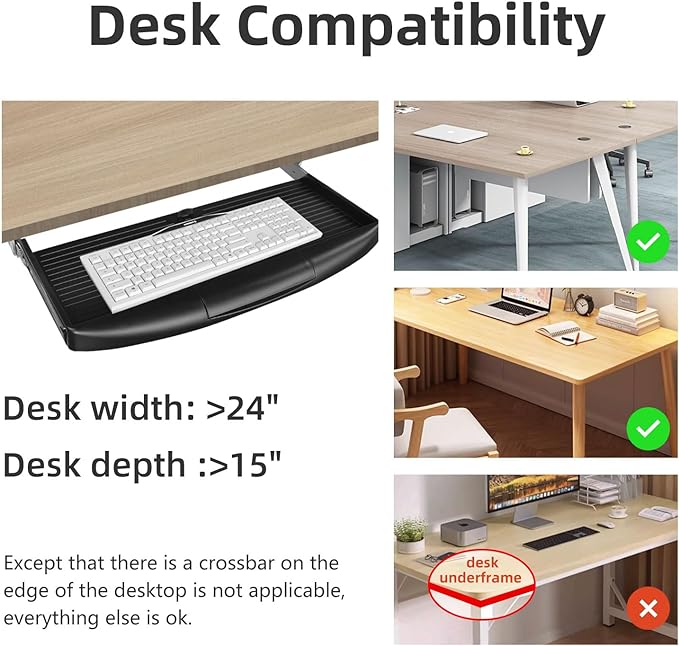 22"Wx11"D Under Desk Keyboard Tray Slide Out, Pull Out Keyboard Tray for Desk, Keyboard Holder Under Desk,Sturdy Keyboard Shelf Under Desk, Black Keyboard Drawer Desk Extender