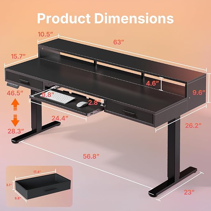 HUANUO 63″ x 26″ Electric Standing Desk with 2 Drawers &24.4″ Large Keyboard Tray, C-Clamp Mount Compatible, Adjustable Computer Desk for Office, Sit Stand Up Desk with 4 Height Presets, Black