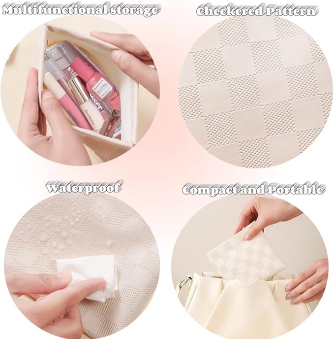 LYDZTION 2 Pieces Checkered Leather Makeup Bag Set for Women, Portable Cosmetic Bag Travel Toiletry Bag Organizer Waterproof Small Makeup Bag Aesthetic Accessories Storage Bag for Women-White