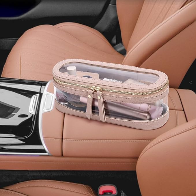 Pinkmik Makeup Brush Case Clear Travel Cosmetic & Toiletry Bag Slim Makeup Bag with Zipper Small Purse Organizer Car Essential Bag for Women (Pink, SLIM L)