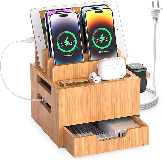 Pezin & Hulin Multi Device Charging Station, with Charger HUB Adapter, All in One Large Dock Organizer with Drawer Storage, Compatible with Phones, Tablets, Earbuds (5 Mixed Cables Included)