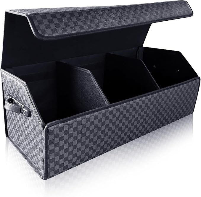 Fyzeoty Trunk Organizer for SUV - Leather Storage Box, Extra Large, Magnetic Lid, Collapsible and Adjustable Car Organizer