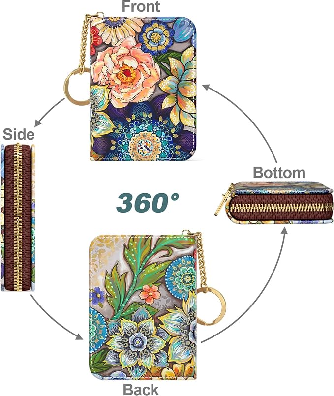 Nipichsha Women's RFID Blocking Small Leather Wallet, Mandala Flower, Slim and Compact Size, 12-Accordion Slots, Protects Privacy