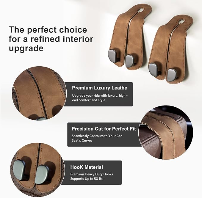 CoBak Purse Hook for Car - Universal Premium Stitched Leather and Aluminum-Magnesium Alloy Double Car Seat Back Storage Hook for Purses, Handbags, Bags (4 Pack),Brown