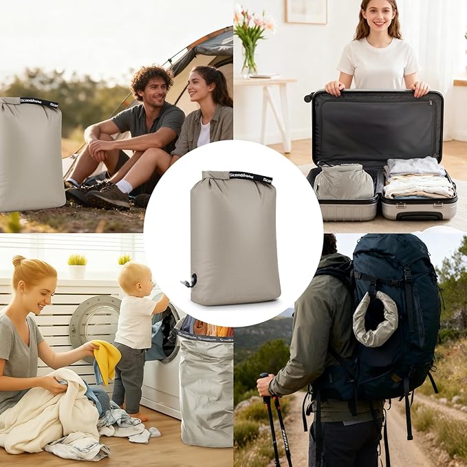 Travel Compression Laundry Bag, Pump-Free Vacuum Space Saver Bag for Dirty Clothes, Reusable Waterproof Wet Dry Bag, Travel Laundry Bag for Luggage, Packing, Suitcase (1 Pcs)(Gray, M)
