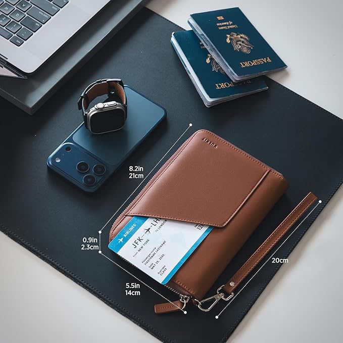 VULKIT Leather Passport Holder Family Travel Document Organizer with RFID Blocking Travel Wallet Slim Dual Slots SIM Card and Multiple Card Holders for Men and Women (Espresso)
