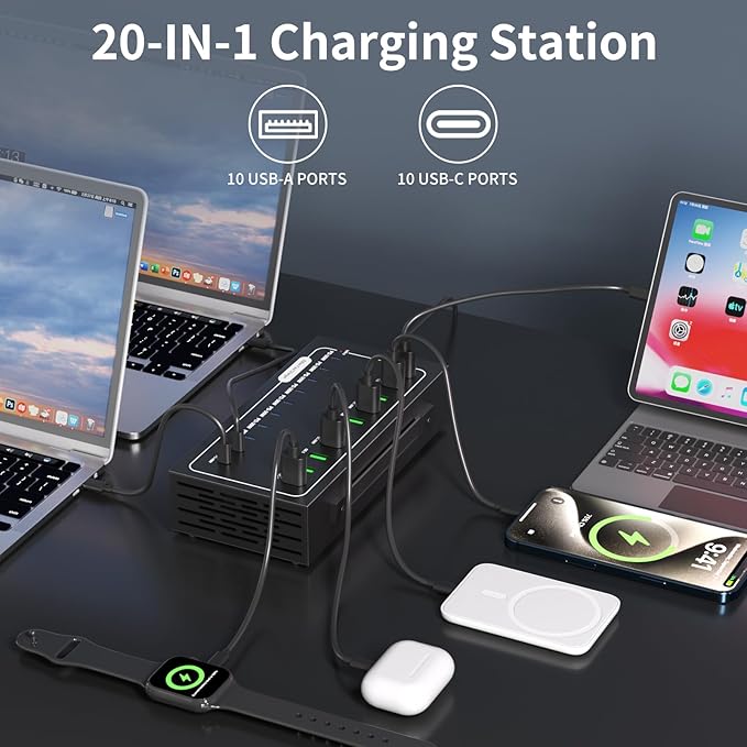 690W USB Charging Station, 20 Port (10 PD+10 QC) USB C Charger Block, Fast Charging Station for Multiple Devices with Smart Power Delivery for Laptop, iPhone, iPad, Tablet and More