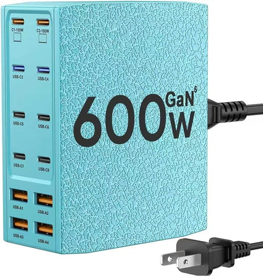Charging Station (600W),12-Port USB C Charger Block with Dual 100W PD USB-C Fast Charging Station Hub for MacBook Pro/Air/All iPad Phone 17/16 15/14/13/Pro Max/Samsung Galaxy Note(Green)