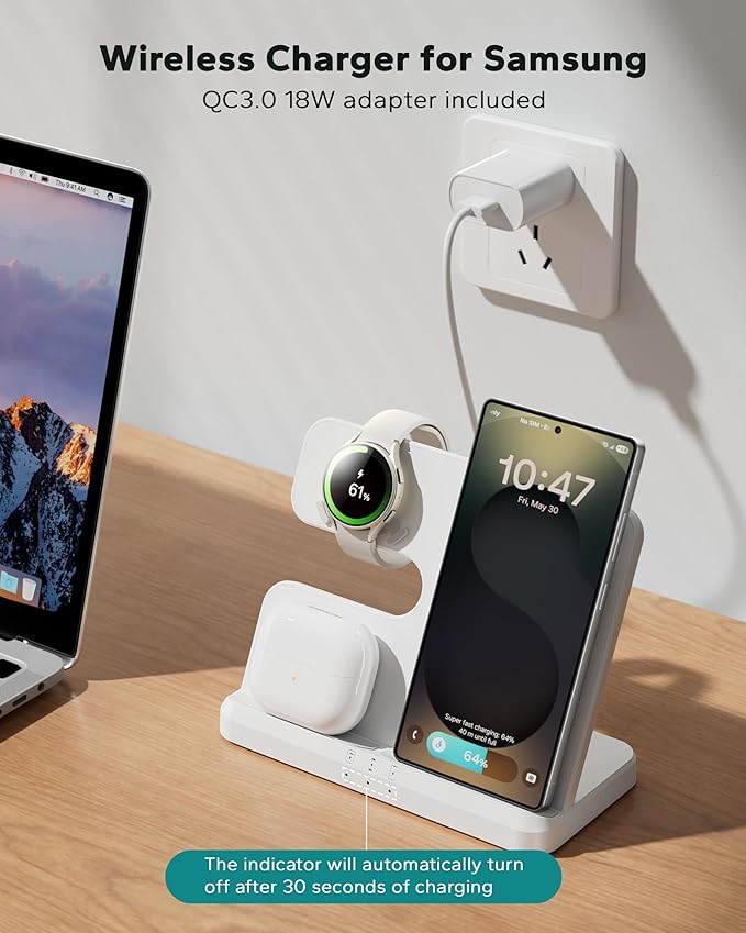 Wireless Charging Station for Samsung, 3 in 1 Charger Stand for Galaxy S25 Ultra/S24/S23/Z Fold, Phone and Watch Charging Dock for Samsung Watch Galaxy 8/7/6/5, Galaxy Buds 3/2/Pro