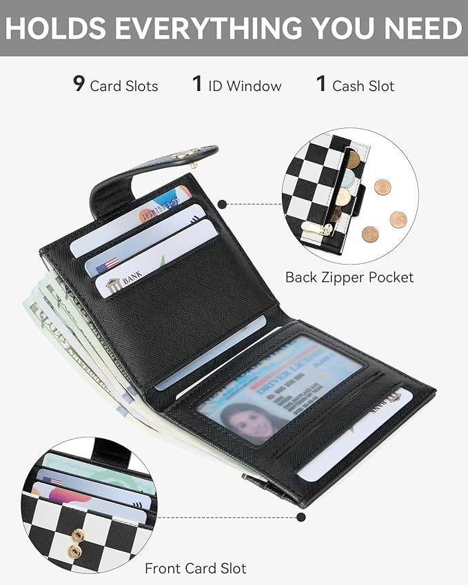 BOSTANTEN Slim Wallet for Women Small RFID Blocking Credit Card Holder Leather Bifold Wallets with Zipper Coin Pocket Black and White Checkered