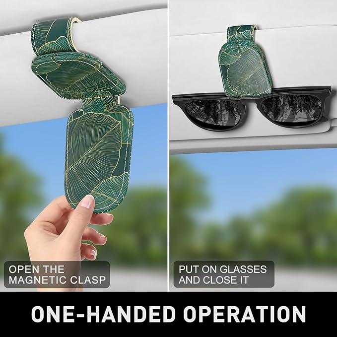 Sunglasses Holder for Car Visor, Magnetic Leather Car Sunglass Holder, Car Sun Visor Glasses Hanger Clip, Car Interior Accessories for Women Men, Fits All Size Eyeglasses