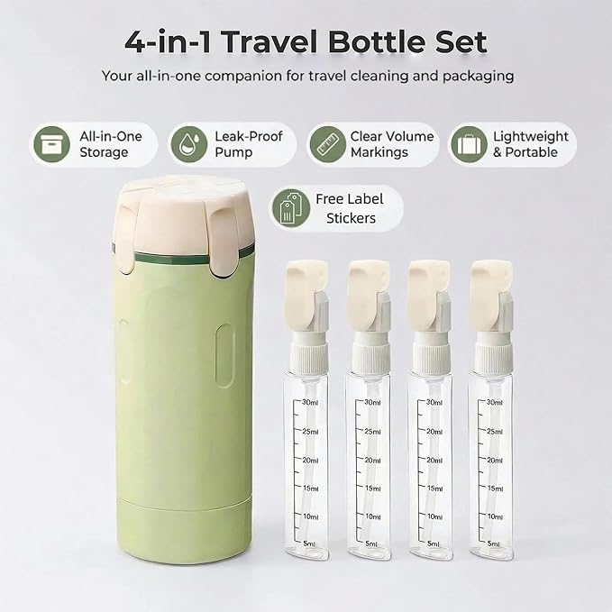 4 in 1 Travel Dispenser Bottle Leak Proof Refillable Travel Bottles Pump Shampoo Conditioner Lotion Cosmetic Containers Portable Set 4 Pack 30ml Air Travel Business Trip Essentials (Green)