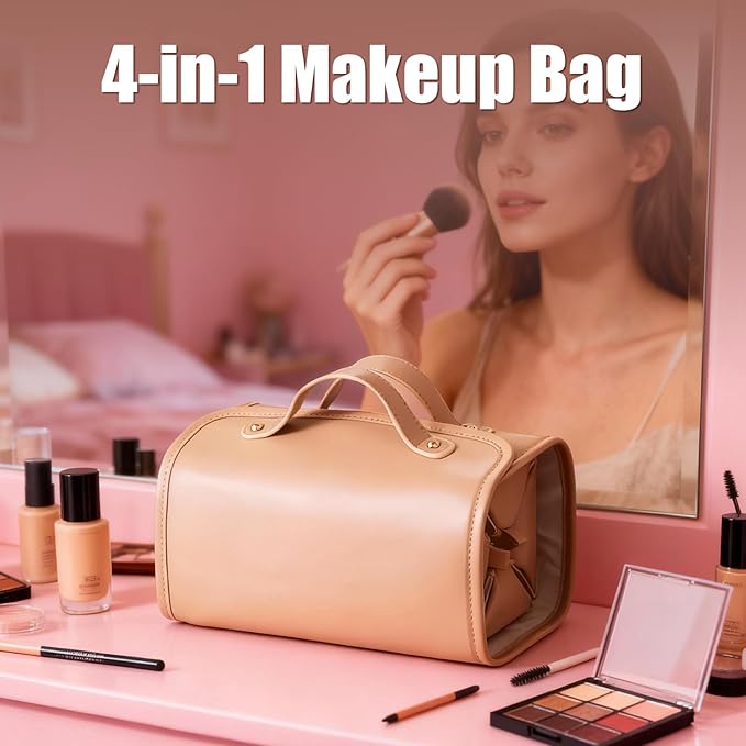 Large Expandable Makeup Bag, 4-in-1 Waterproof Makeup bag, Cosmetic Bag with Detachable Interior Pockets, Ideal for Women Travel Essentials(Brown)